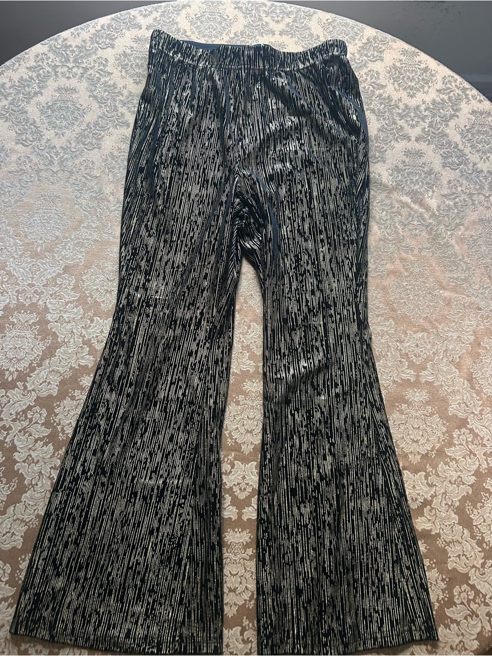 BloomChic Black Metallic Pleated Flare Pants